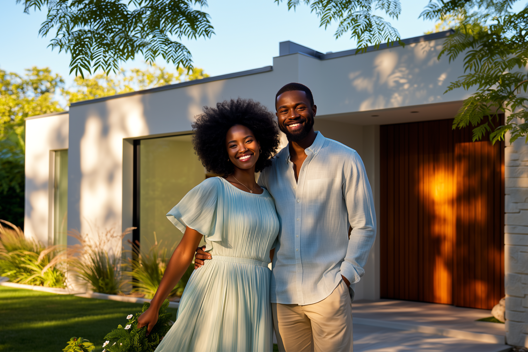 A couple standing in front of a house